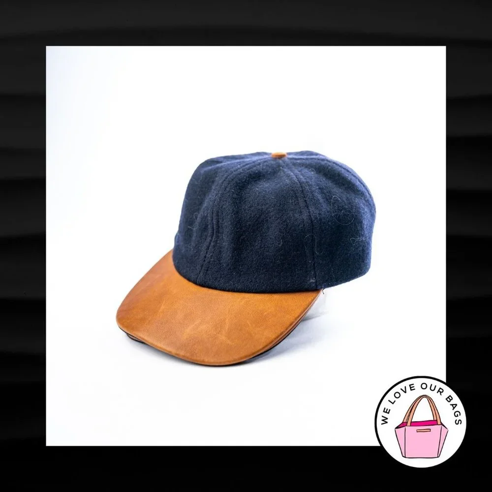 RARE COACH VINTAGE NAVY BLUE WOOL BROWN LEATHER BRIM BASEBALL CAP HAT ADJUSTABLE